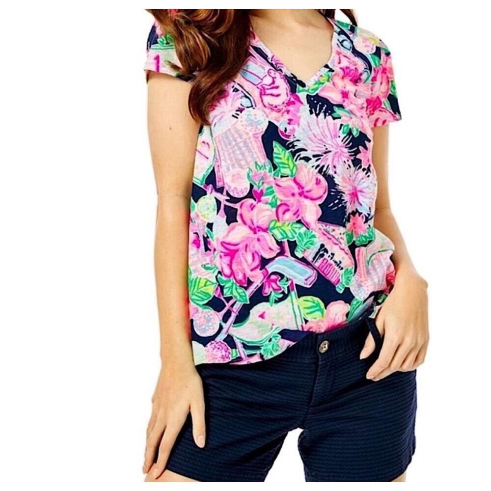 Lilly Pulitzer | Preppy Honda Classic Print Pink Multicolor V-Neck Cotton Top